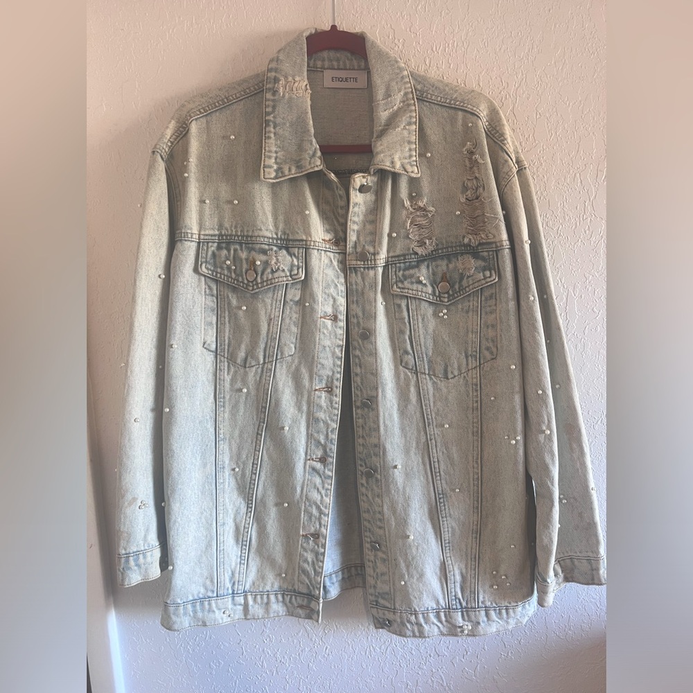 Etiquette Boutique Distressed Jean Jacket with Pearls